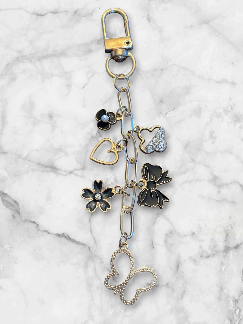 Gold and Black Charm Keychain with Butterfly & Hearts